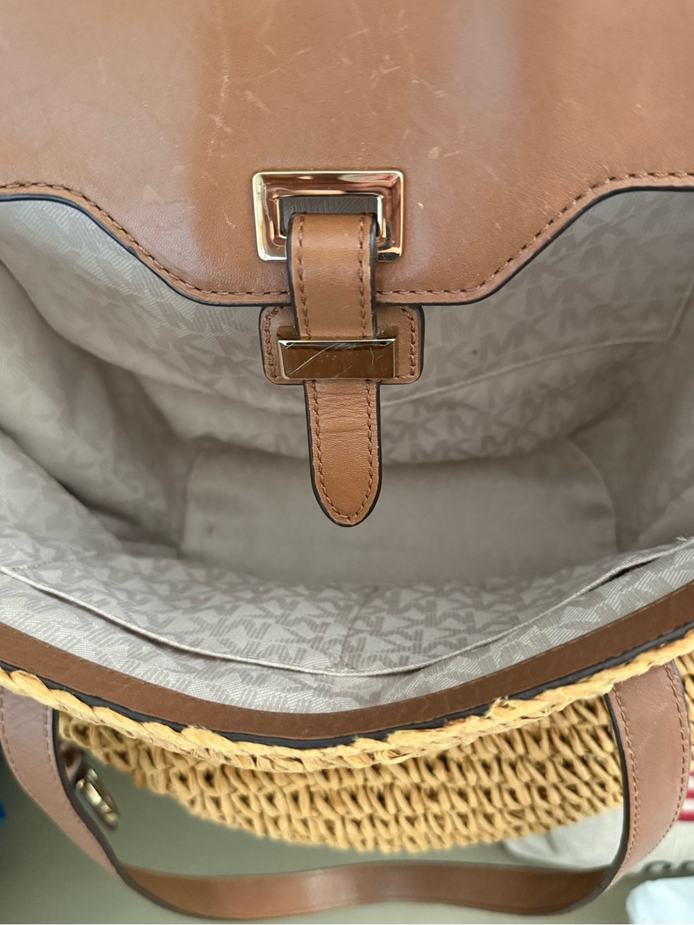 Michael Kors Naomi Tan Leather-Trim Straw Tote - Picture 2 of 4